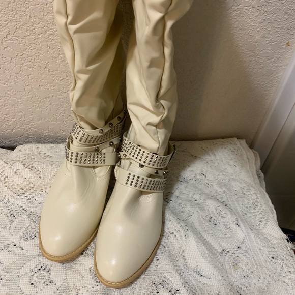 Cream Strap Tall Boots with Rhinestones - Picture 2 of 3